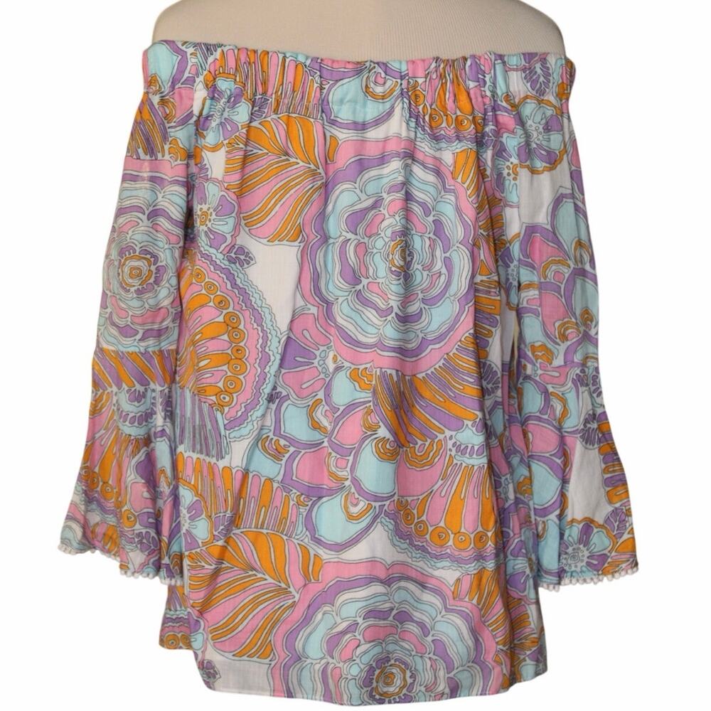 Trina Turk Healdsburg Print Off Shoulder Bell Sleeve Top size Medium - Picture 2 of 8